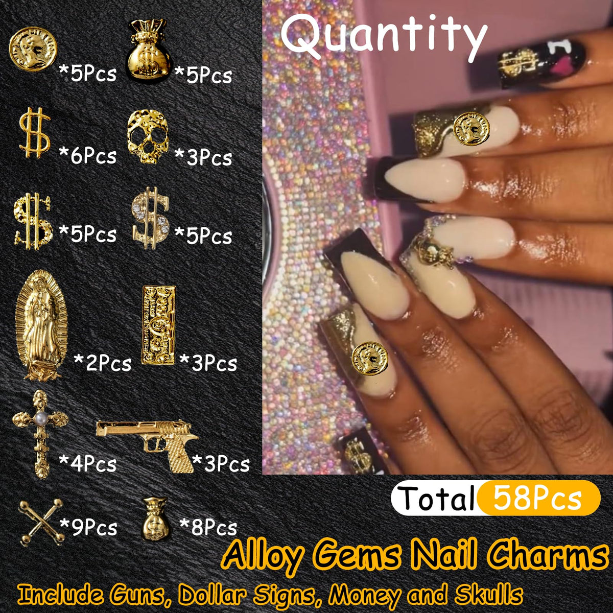 ZUMILLMN 58PCS 3D Nail Charms - Gold Alloy Dollar, Gun, Virgin Mary,Cron & Cross Charms, Shiny Nail Rhinestones for Nail Art, Manicure, DIY Jewelry Making