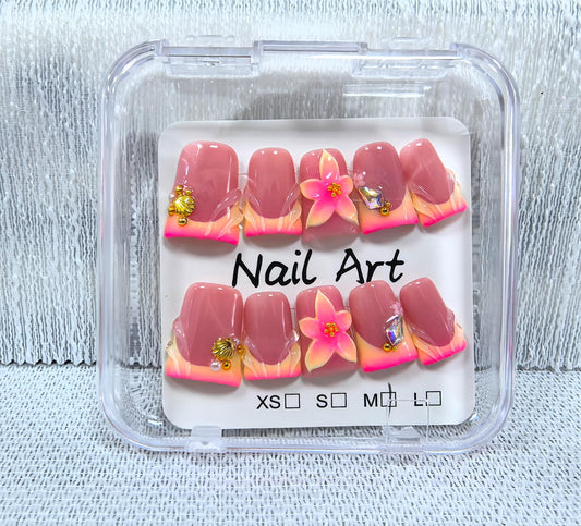 Handmade press on nails Duck Medium Fake Nails Pink French False Nails with 3D Flower Designs luxury Beach Charm Acrylic Nails for Women 10pcs (Size M）