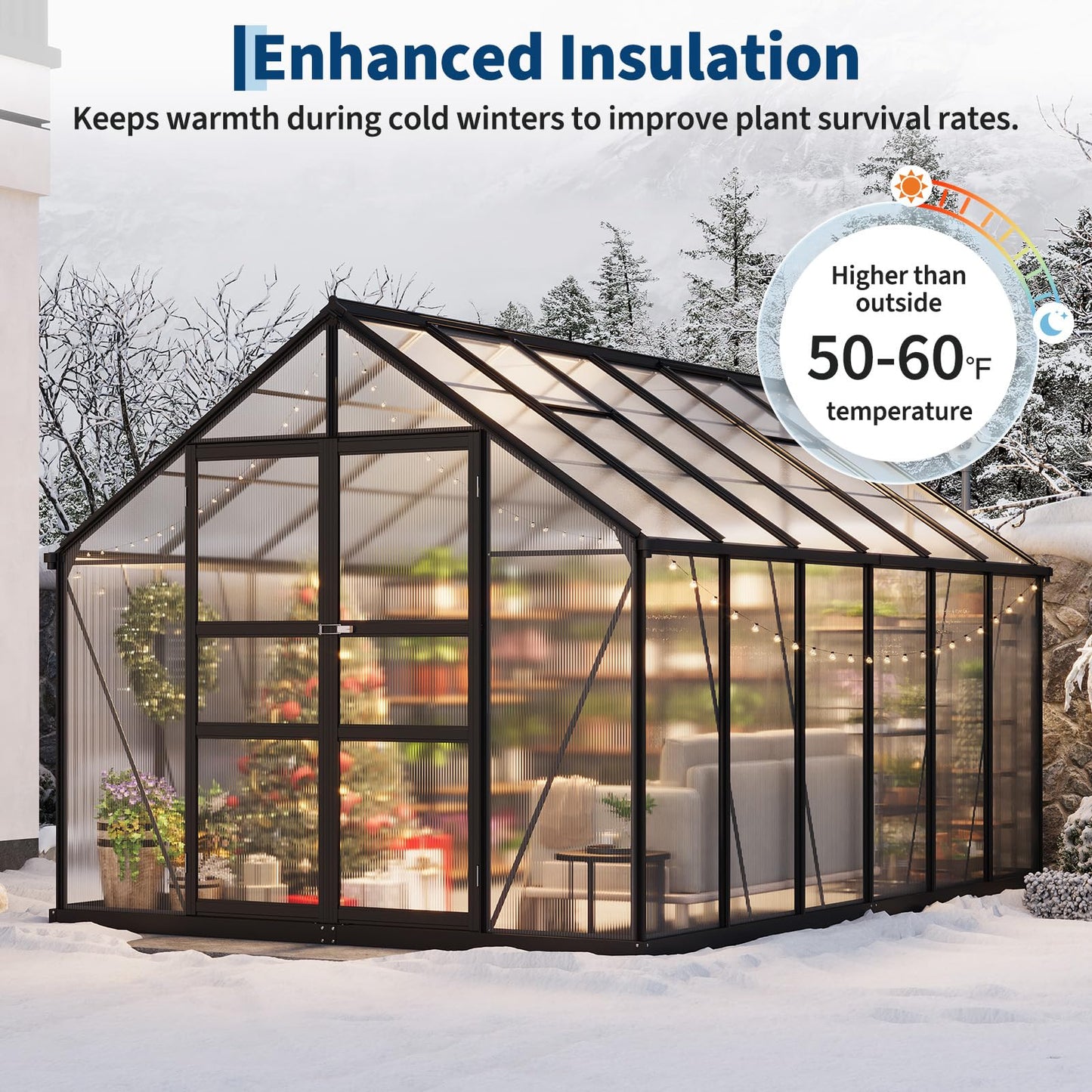 12x8 FT Greenhouse, Greenhouses for Outside, Polycarbonate Greenhouse with Aluminum Frame, Lockable Door and Ajustable Roof Vent for Backyard, Green Houses for Outside Garden Backyard, Patio