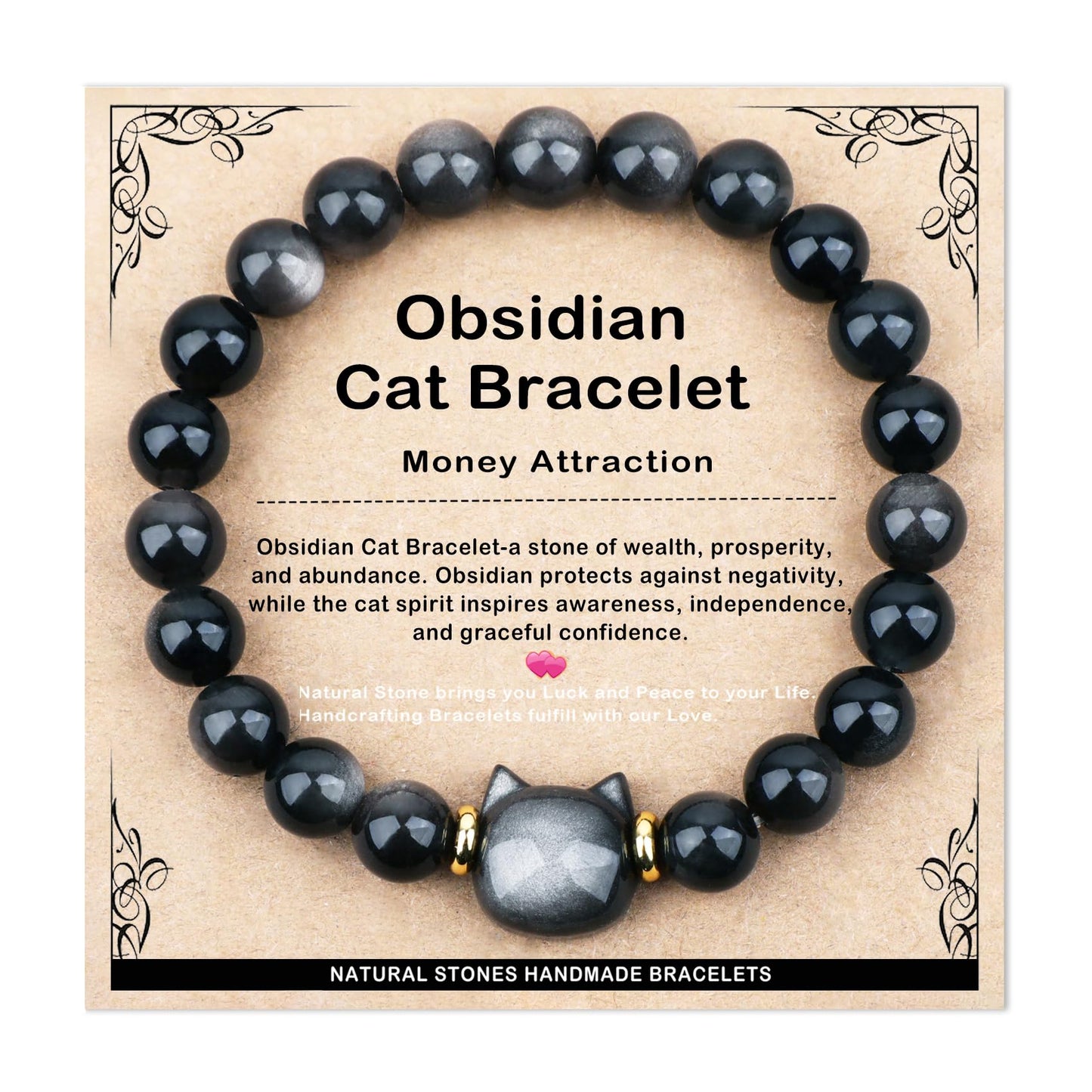 AD Beads 8mm Handmade Obsidian Cat Bracelet Elastic Bracelet – Natural Gemstone for Money Attraction – Meditation, Yoga, Healing and Energy Gift for Men Women