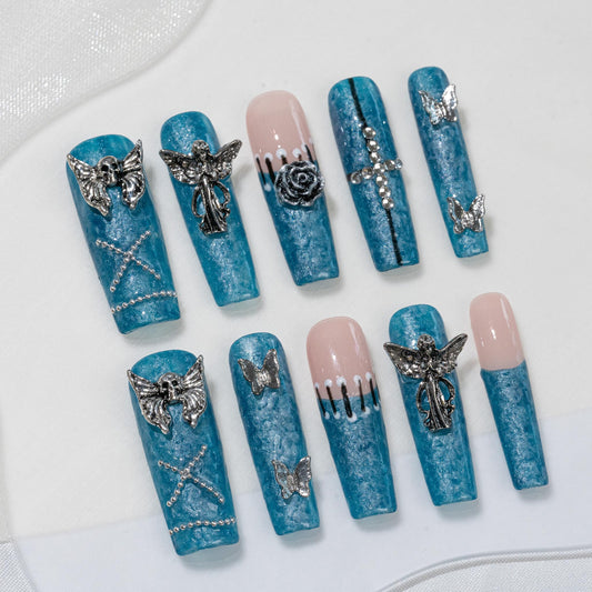 Sun&Beam Nails Handmade Press-on Long Coffin Ballerina Blue Nude Beige Y2K Glam 3D Design Fashion False Nail Tips 10 Pcs Set (#269 M)