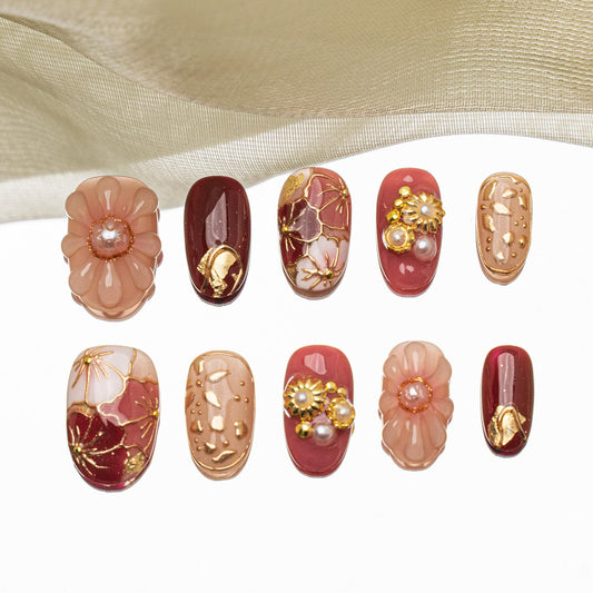 Sun&Beam Nails Handmade Press-on Short Oval Red Pink Gold 3D Flower Japanese Design Fashion False Nail Tips 10 Pcs Set (#210 M)