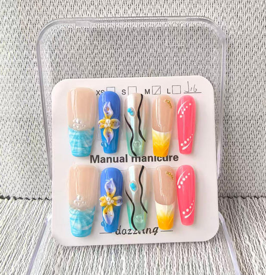 Handmade Press on Nails Long Coffin False Nails Blue French Tip with 3D Flower Designs Beach style Charm Cute luxury Sparkly Acrylic Nails for Women (Size M）10pcs
