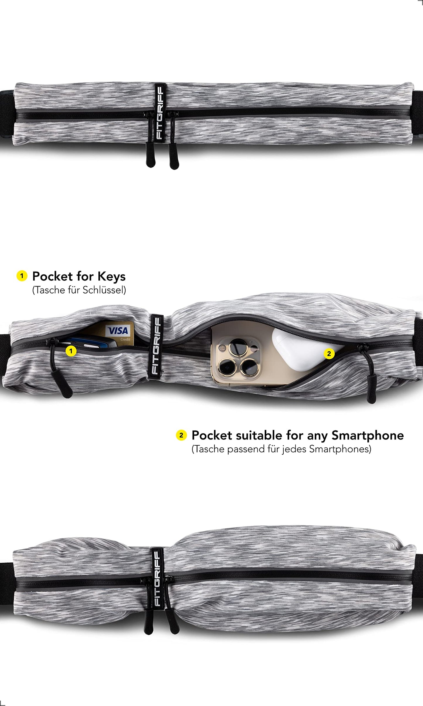 Fitgriff® Running Belt for Men & Women - Secure Jogging Pouch for Phone, Keys & Essentials - For All Cell Phones (White, 24.5" - 35.5"" Waist Size)"