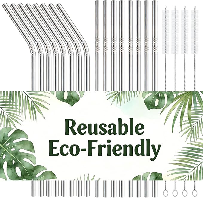 16-Pack Stainless Steel Straw,Reusable Straws â 8 Straight & 8 Bent (8.5 Inch) Metal Drinking Straws with 4 Cleaning Brushes,Replacement Straws,Dishwasher Safe,Ideal for Home,Travel