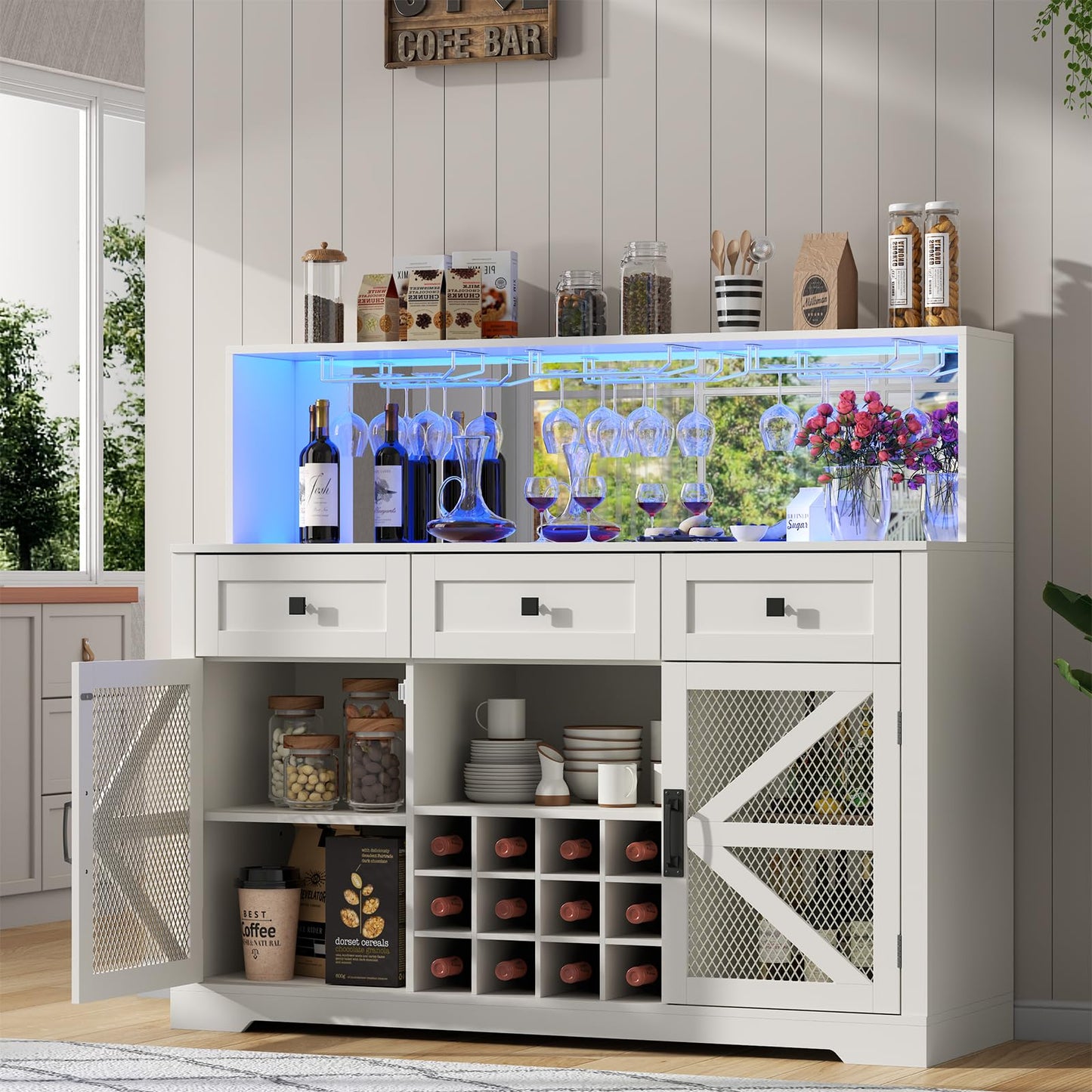 Gyfimoie Farmhouse Wine Bar Cabinet with LED Lights, Kitchen Coffee Bar Cabinet with Acrylic Mirror, Wine & Glass Rack, Storage Shelves and 3 Drawers (Signle Hutch)