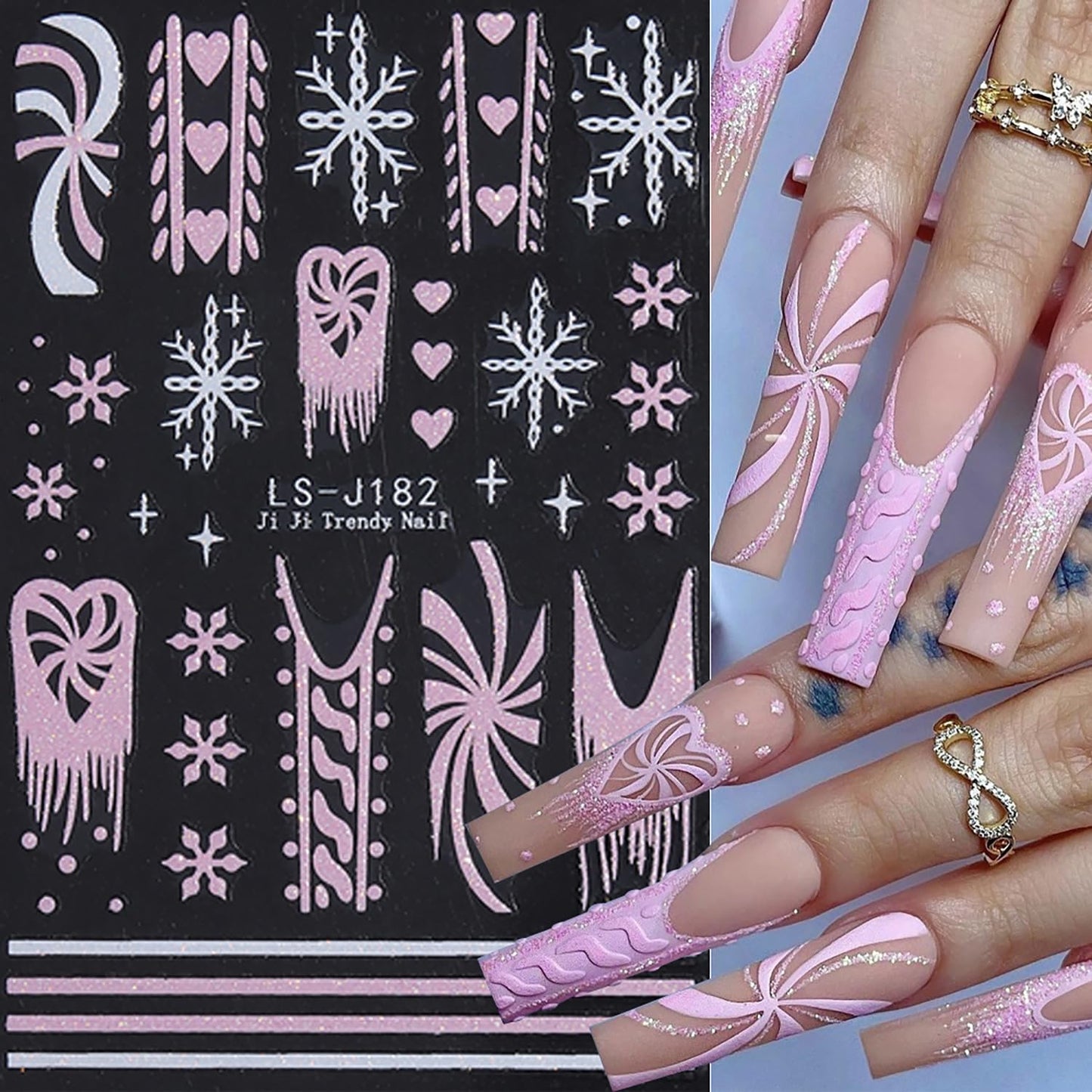 Christmas Nail Art Stickers Winter Glitter Bow Snowflake Cute Elk Xmas Nail Stickers 3D Self -Adhesive Christmas Trees Light Ball Festival Decals Holographic Xmas Decoration for Women DIY Manicure