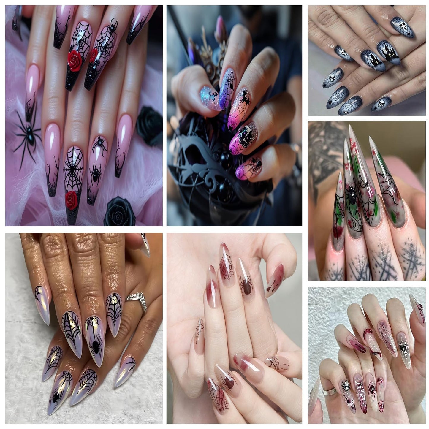 6 Sheets Halloween Nail Art Stickers 3D Self -Adhesive Blood Spider Web Nail Decals Holographic Black Blue Spider Blood Drops Nail Stickers Halloween Nail Decoration for Women Manicure Supplies