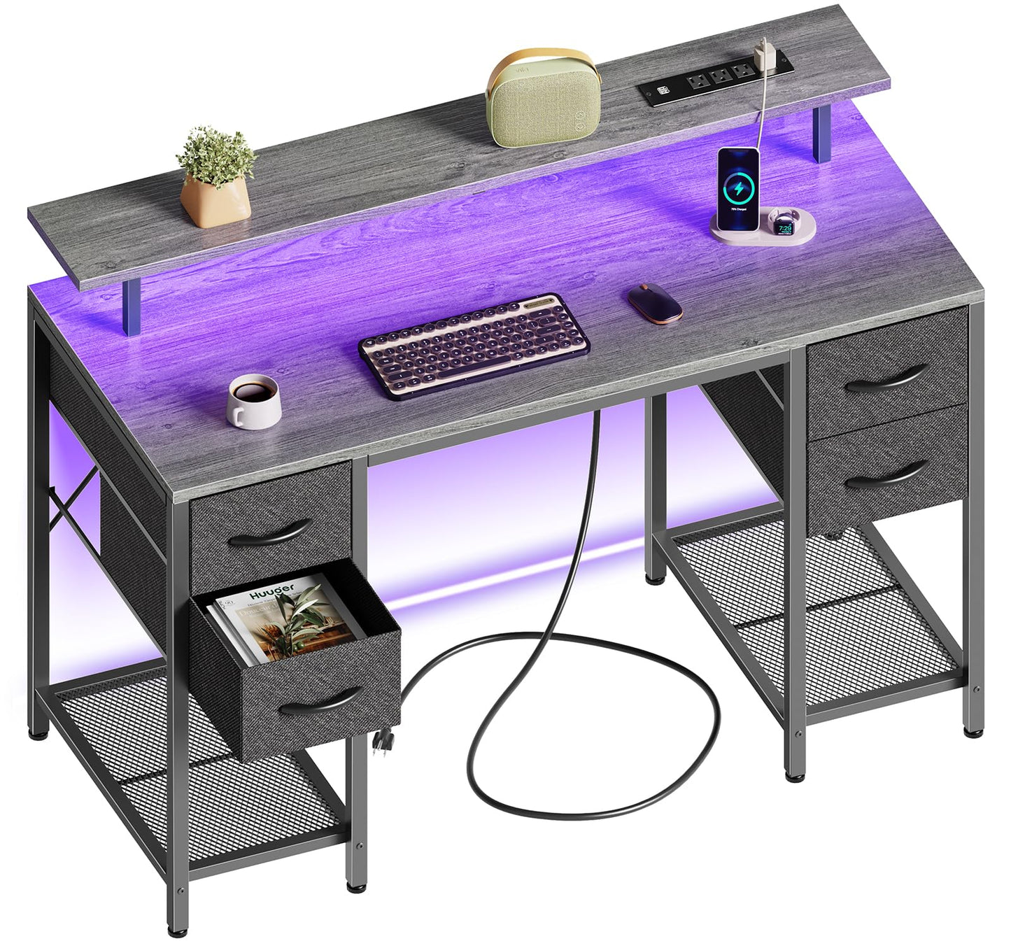Huuger 47 inch Computer Desk with 4 Drawers, Gaming Desk with LED Lights & Power Outlets, Home Office Desk with Large Storage Space for Bedroom, Work from Home, Grey
