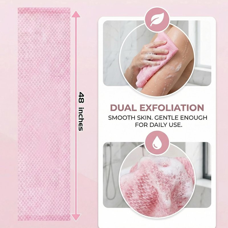 Thourevl Dual-Sided Exfoliating Shower Towel with Extra-Long Handle, Premium Body Scrubber for Back Exfoliation，Black and Pink (2-Pack)