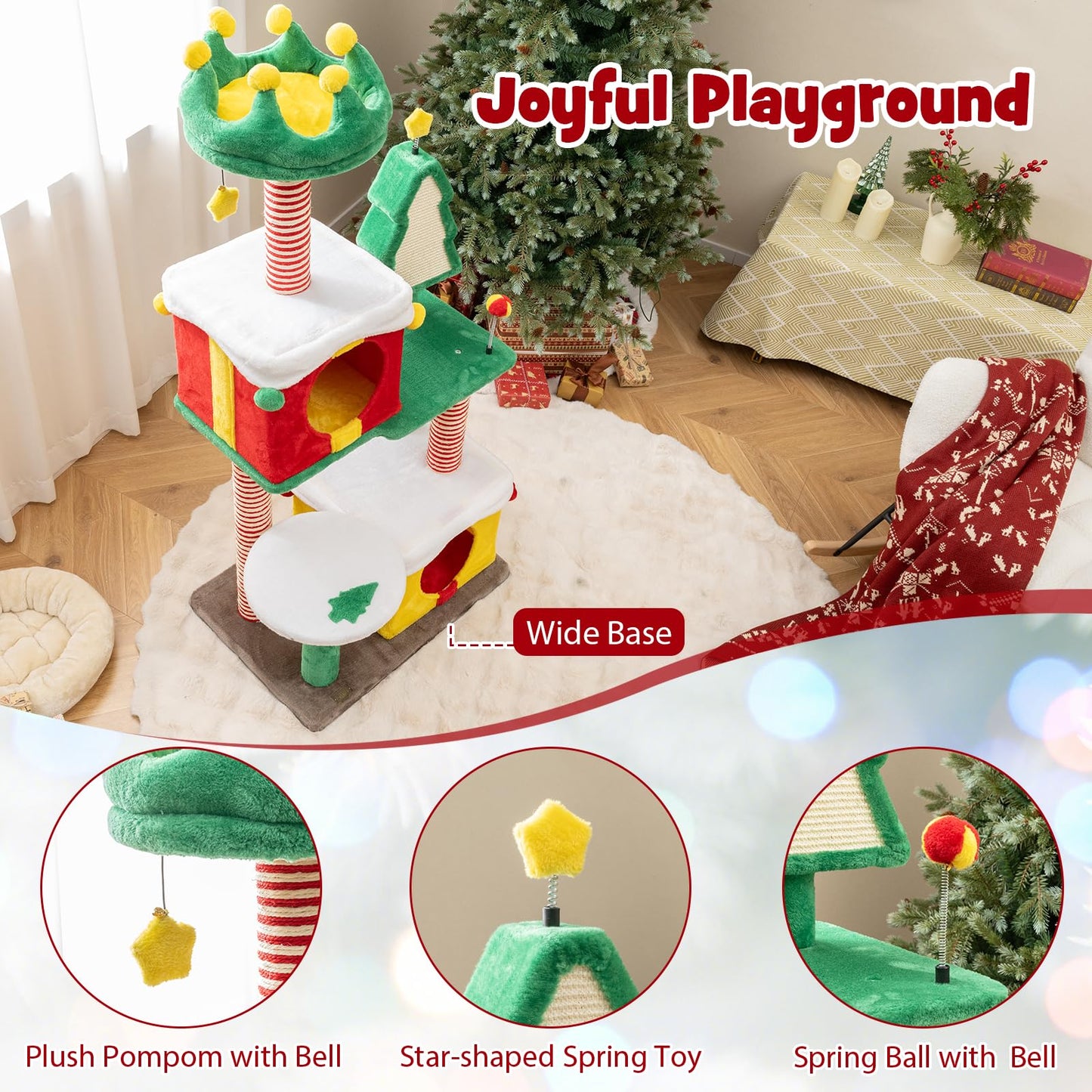 PETSITE 61 inch Christmas-Themed Cat Tree, Multi-Level Cat Tower with Sisal Scratching Posts, 2 Gift Box-Shaped Cat Condos, Hanging Teasing Ball, and Spring Toys, Cute Cat Tree Tower for Indoor Cats