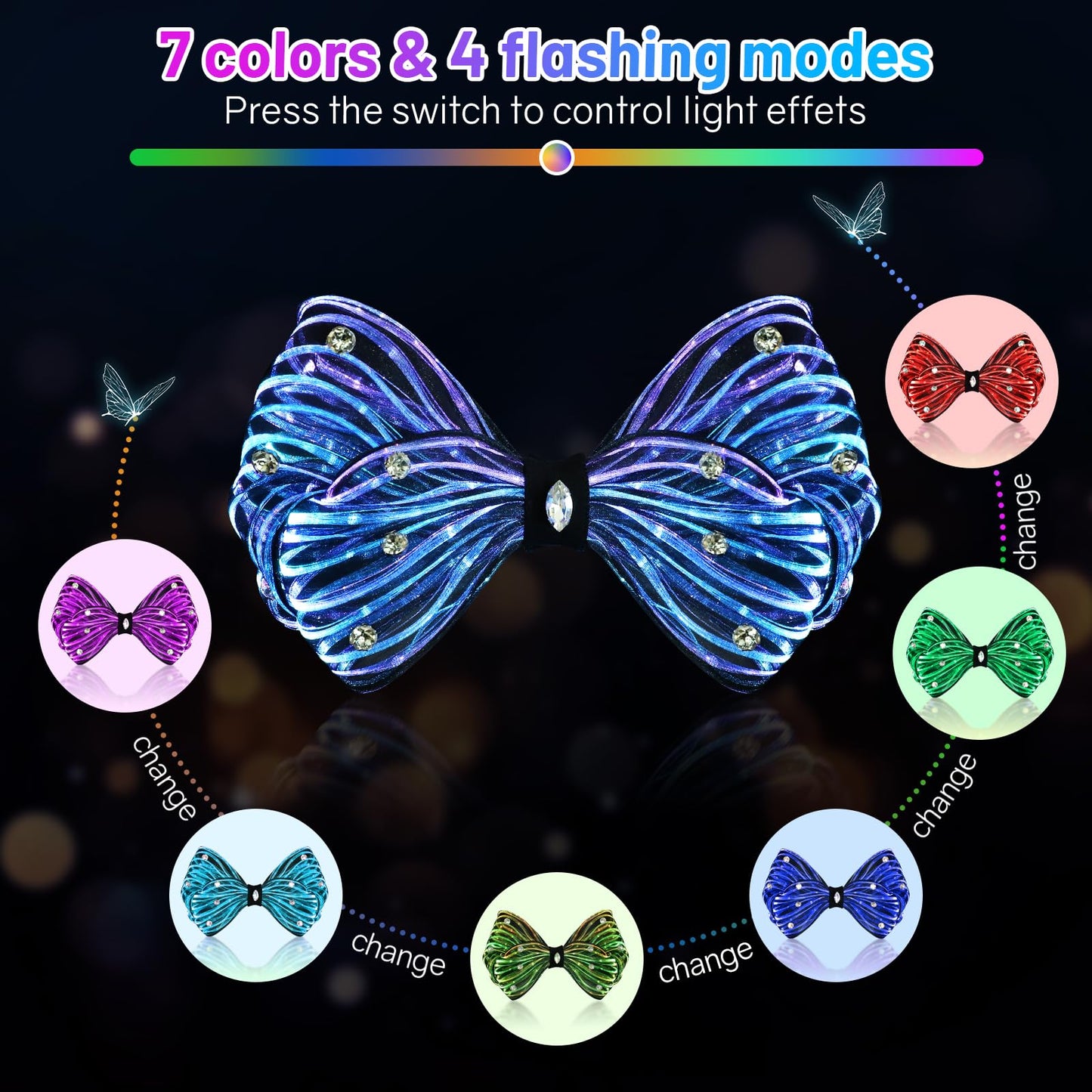 LED Bow Hair Clips 7 Colors Light up Hair Accessories Rhinestone Rave Clips Cute Headpiece Glow Hair Barrettes for Women
