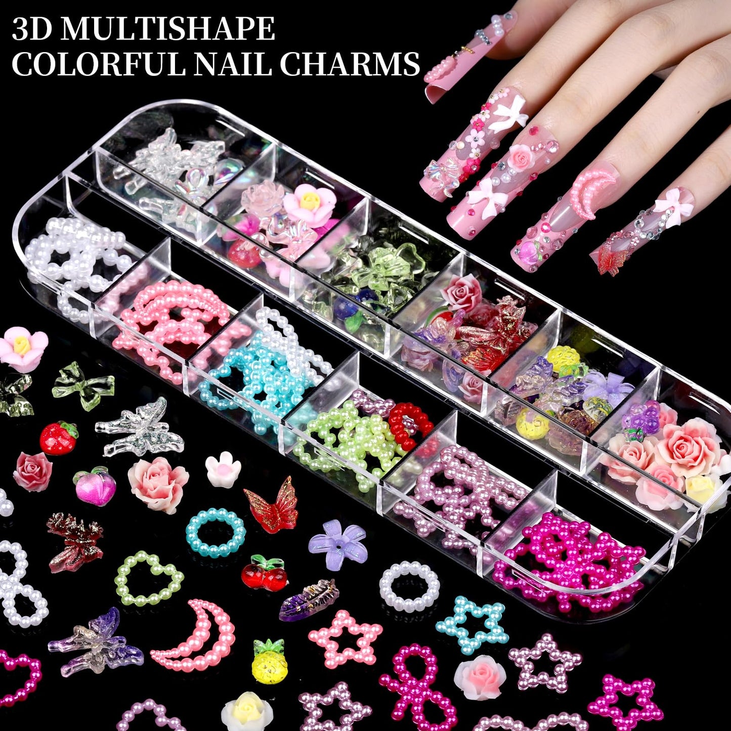 FANDAMEI Nail Charms, 8-Box Nail Charms and Gems, Fruit Bow Hawaii Flowers Petals 3D Nail Art Charms Bulk, Charms Y2K for Nails, Colorful Bubble Beads Nail Rhinestones, Gold Studs Nail Pearls for DIY