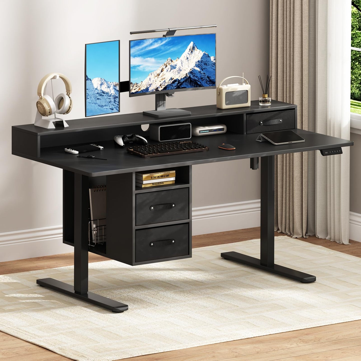 55x24 Inches Standing Desk with Drawers, Electric Computer Desk with Open Storage Shelf, Stand Up Desk, Adjustable Height 28-46 Inches for Home and Computer Workstation, Black