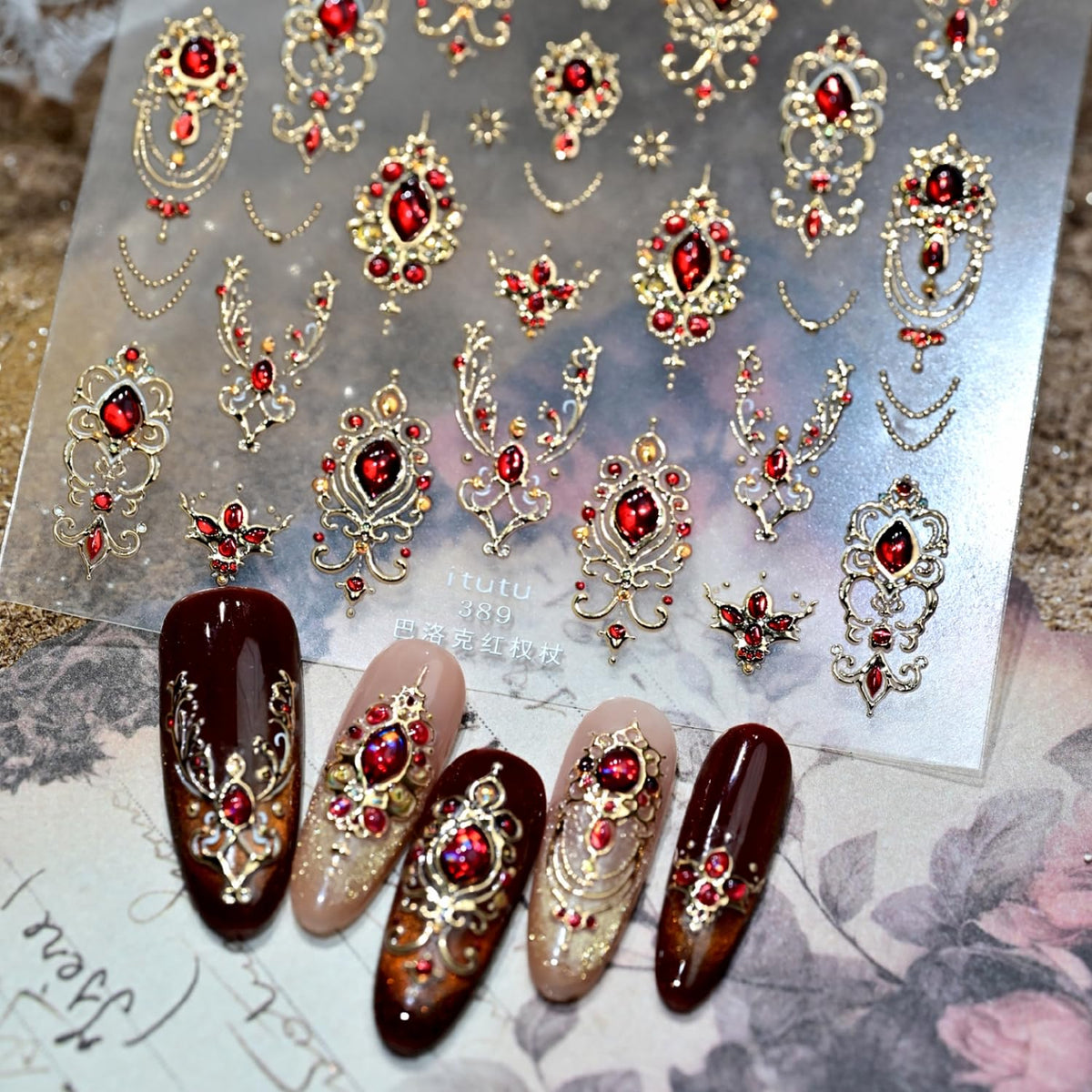 5D Embossed Red Gemstone Nail Art Stickers Gold Nail Stickers Gold Red Baroque Nail Decals for Nail Art Gem Nail Design Nail Supplies for Women Girls DIY Manicure Decoration