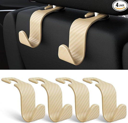Amooca 4-Pack Car Headrest Hooks Vehicle Storage Organizer for Purses Handbags Groceries Coats Ã¢ÂÂHolds 55lbs 360ÃÂ° Rotating Simple Design Checkered Beige
