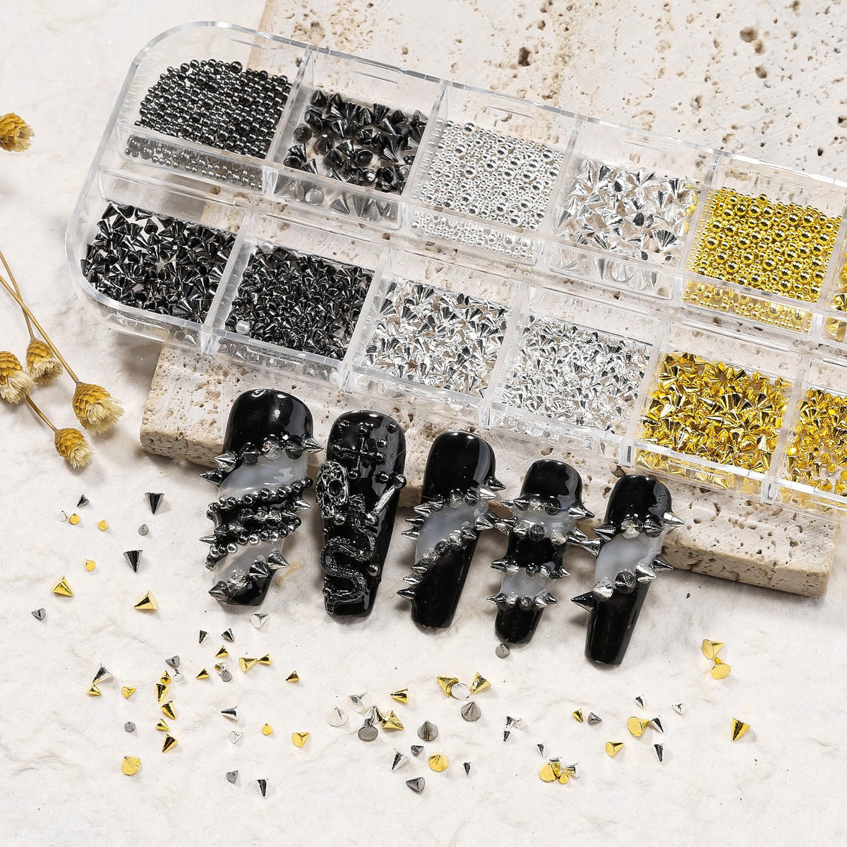 3D Mini Metal Punk Nail Art Studs, Mixed Sizes Gold Silver Black Alloy Cone Spikes Rivets Steel Beads Balls Goth Nail Charms with Tweezers & Dual-end Brush for Nails DIY Crafts Decorations (17-K1)