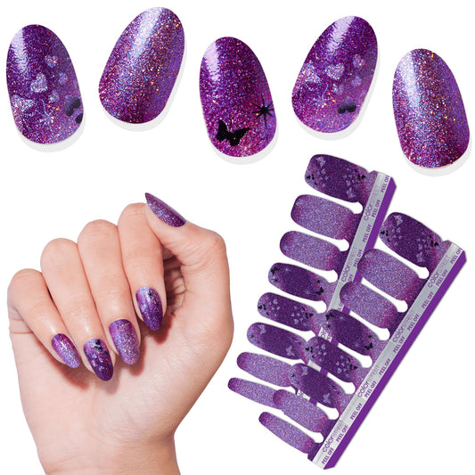 Color Street - Heart Takes Flight - Purple Lavender Ombre Glitter Butterfly Nails, Real Nail Polish Strips, Valentine’s Day Manicure Set - 16 Strips