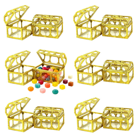 HAN SHENG 12 Pack Plastic Treasure Chest Candy Boxes - 2.9"x2.0" Transparent Empty Gift Favor Boxes for Wedding, Christmas, Birthday Party (Gold)