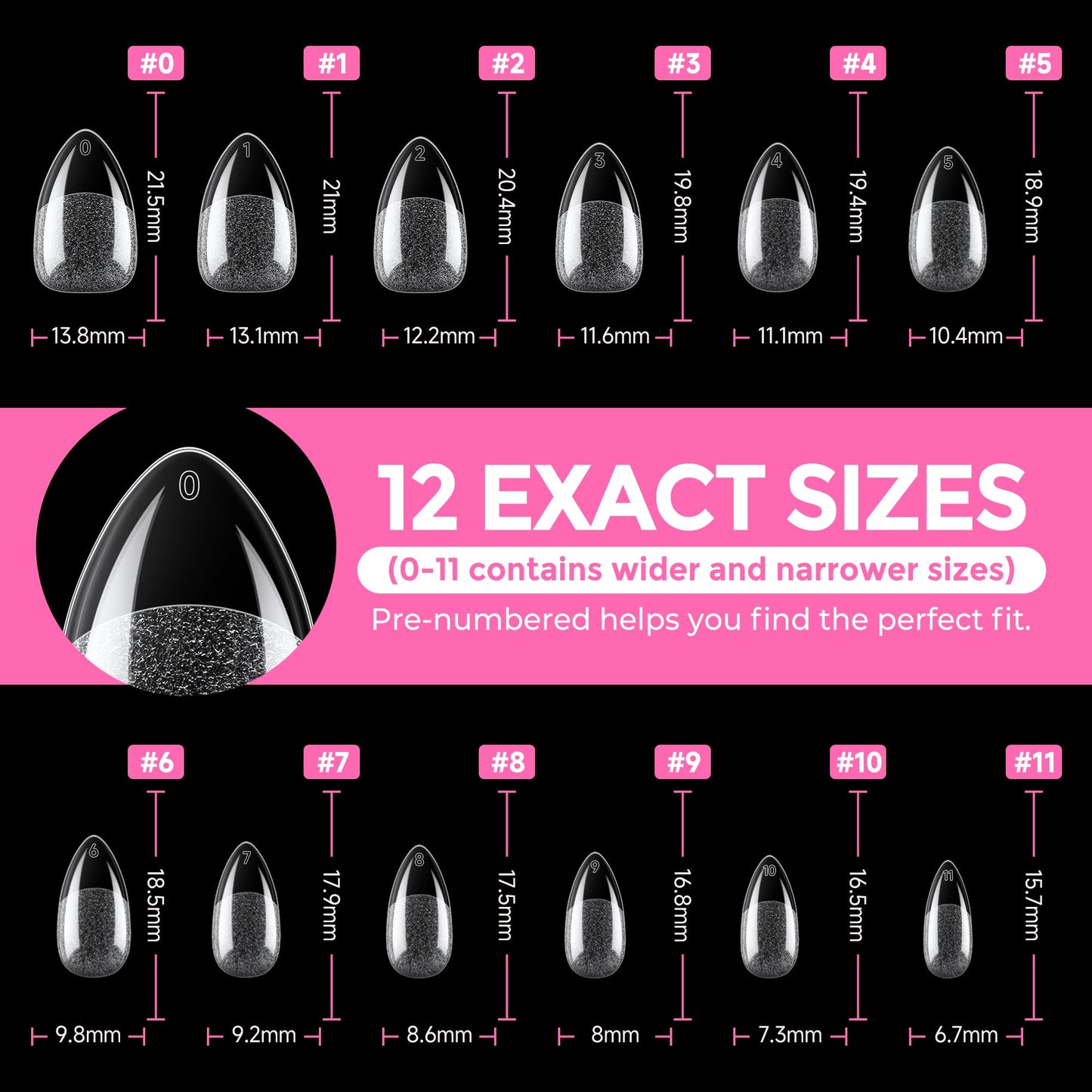 UNA GELLA Short Almond Fake Nails 216pcs Pre-shape Gel Acrylic Nail Tips for Full Cover Nail Extension Home DIY Nail Salon 12 Sizes Gelly Tips