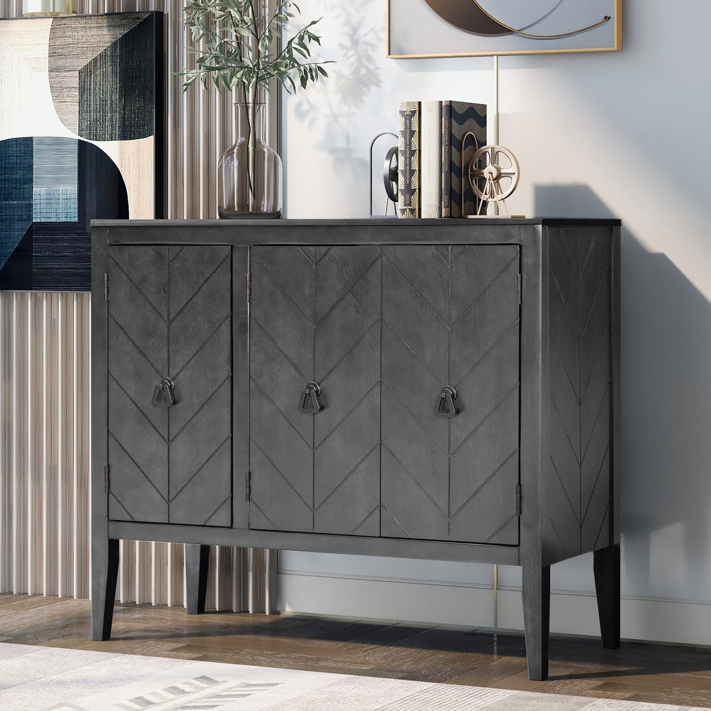 Merax Country Style Shelf Storage Sideboard Buffet Cabinet with 3 Retro Metal Handles and 4 Pinewood Legs,37.0" Elegant Entryway Table for Entryway, Living Room,Study Room,Dining Room,Grey