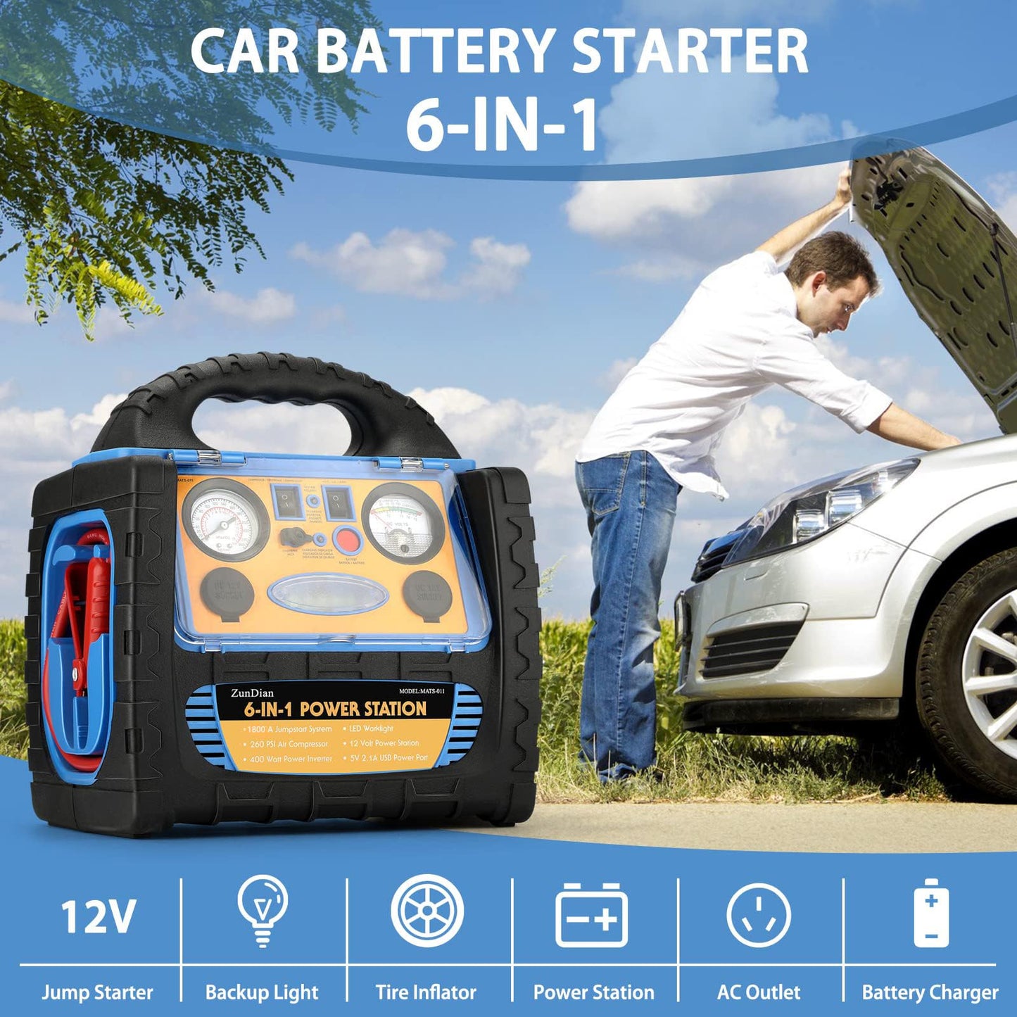 Car Jump Starter with Air Compressor, 1800A Battery Jumper Starter Portable with 260 PSI Tire Inflator, 12V Jump Box Heavy-Duty Clamps Jump Pack 400W Inverter Power with AC/DC/USB Outlets