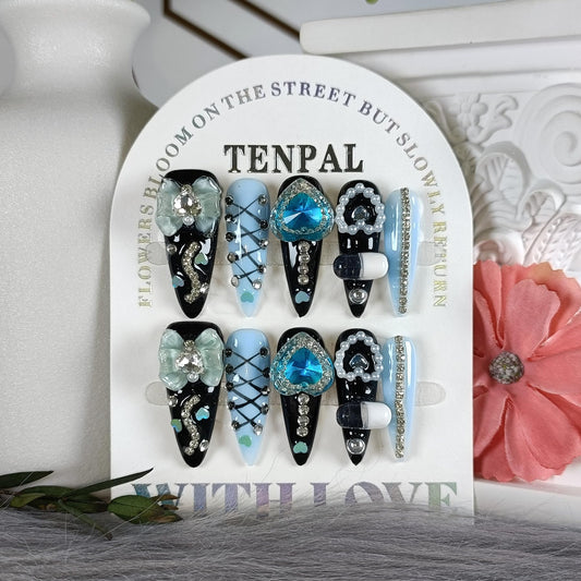 TENPAL 10Pcs Y2K Gothic Press On Nails With Tools,Blue 3D Capsule Pearl Bow & Chain Charms Designs Fake Nails,Long Stiletto Handmade False Nails,Reusable Acrylic Glue on Nails for Party Halloween(XS)