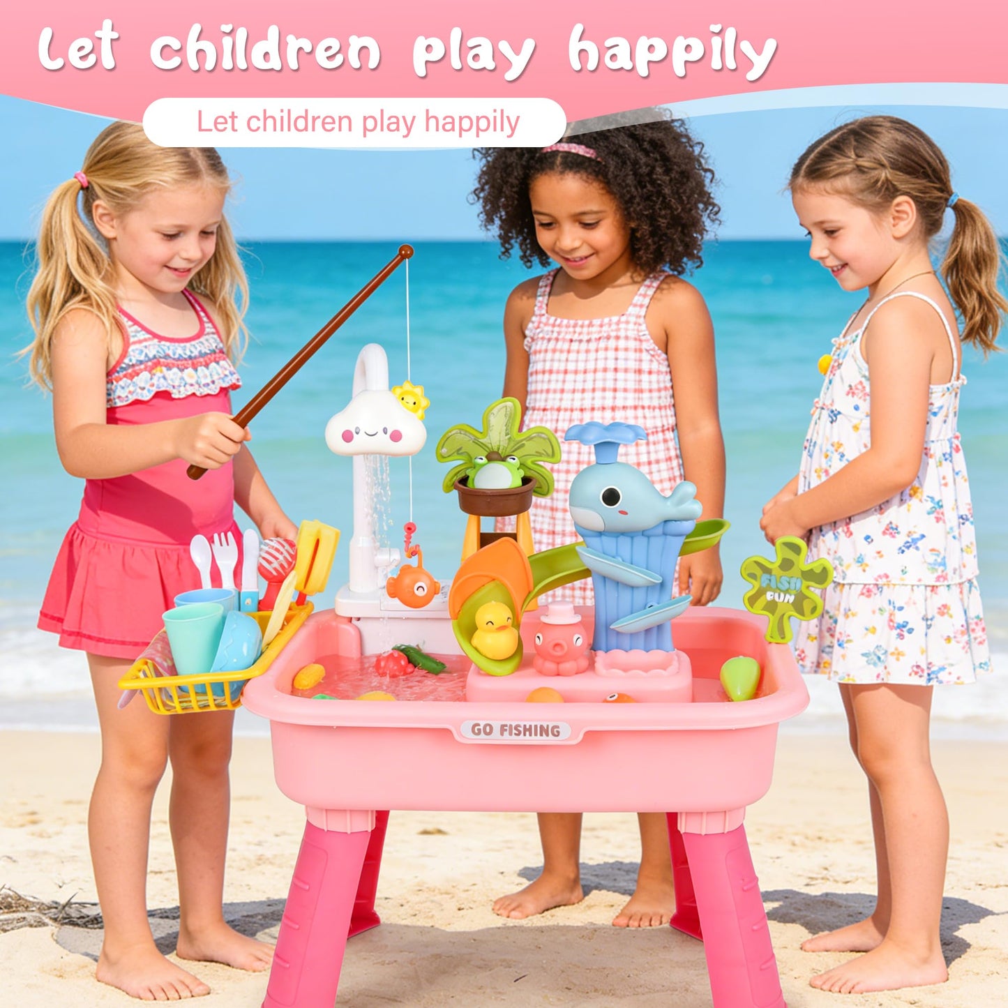 Mobelixy Upgraded Toddler Sand Water Table Toy with Electric Water Pump, Kids Sand Water with Faucet/Play Food Accessories/Fishing Toy, Kitchen Play Sink Toys for Girl Boy Age 3+ (Pink)