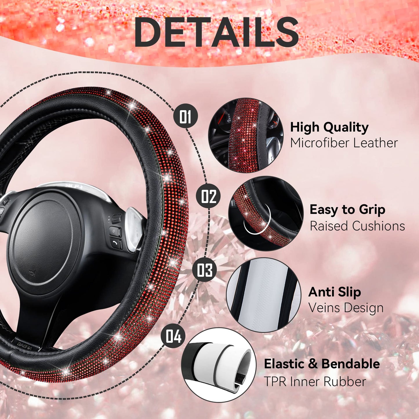 CAR PASS 11 PCS Bling Diamond Car Mats Set for Women Girls, Sparkly Rhinestone Steering Wheel Cover, Waterproof Floor Mats Universal Fit for SUV,Vans,Sedans,Trucks Anti-Slip, Interior Sets Black Red