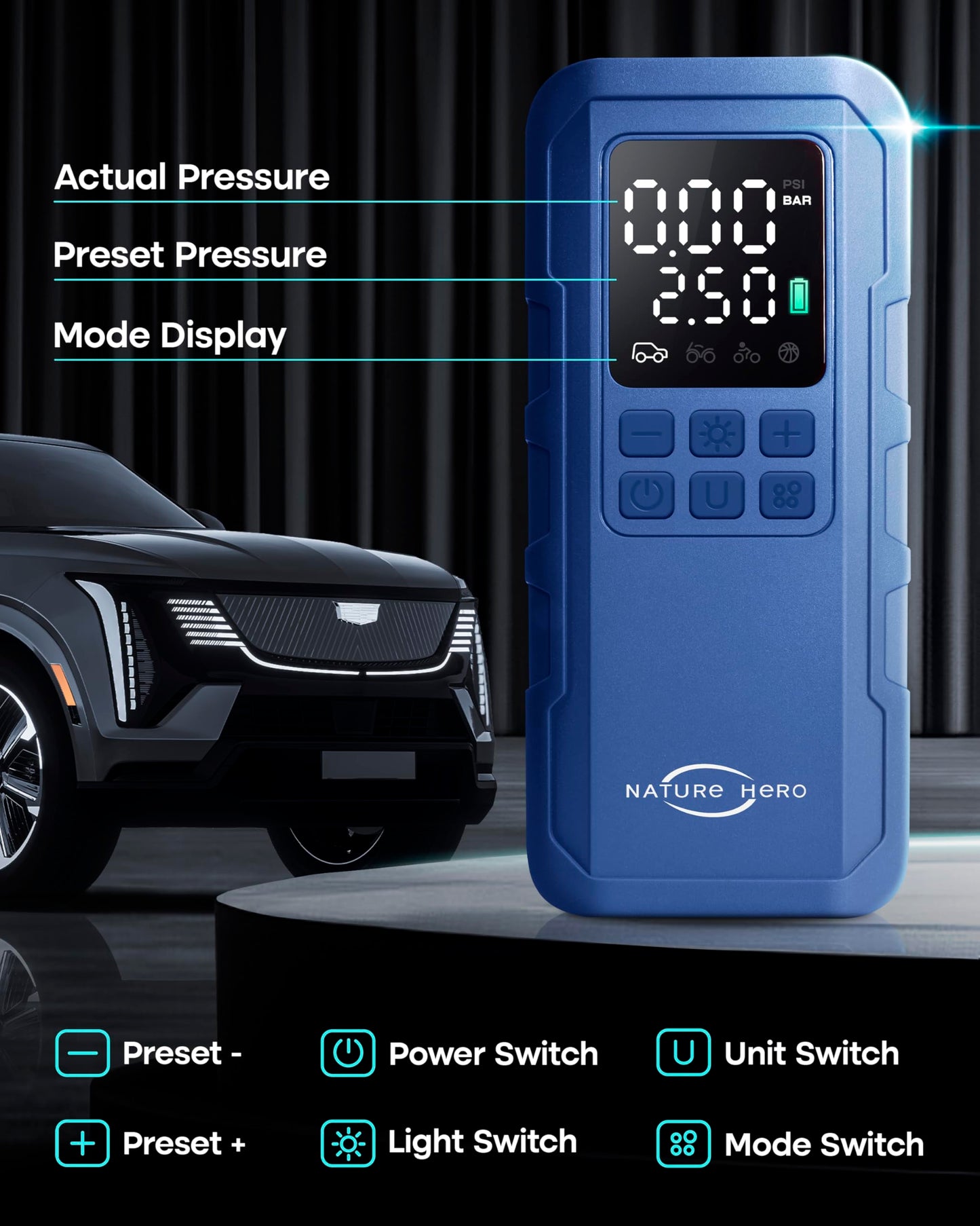Nature Hero Tire Inflator Portable Air Compressor,150 PSI car tire air pump portable with Digital LCD Pressure Gauge,Electric Air Pump for Motorcycle Tires,Bicycle Tires and Balls,Blue