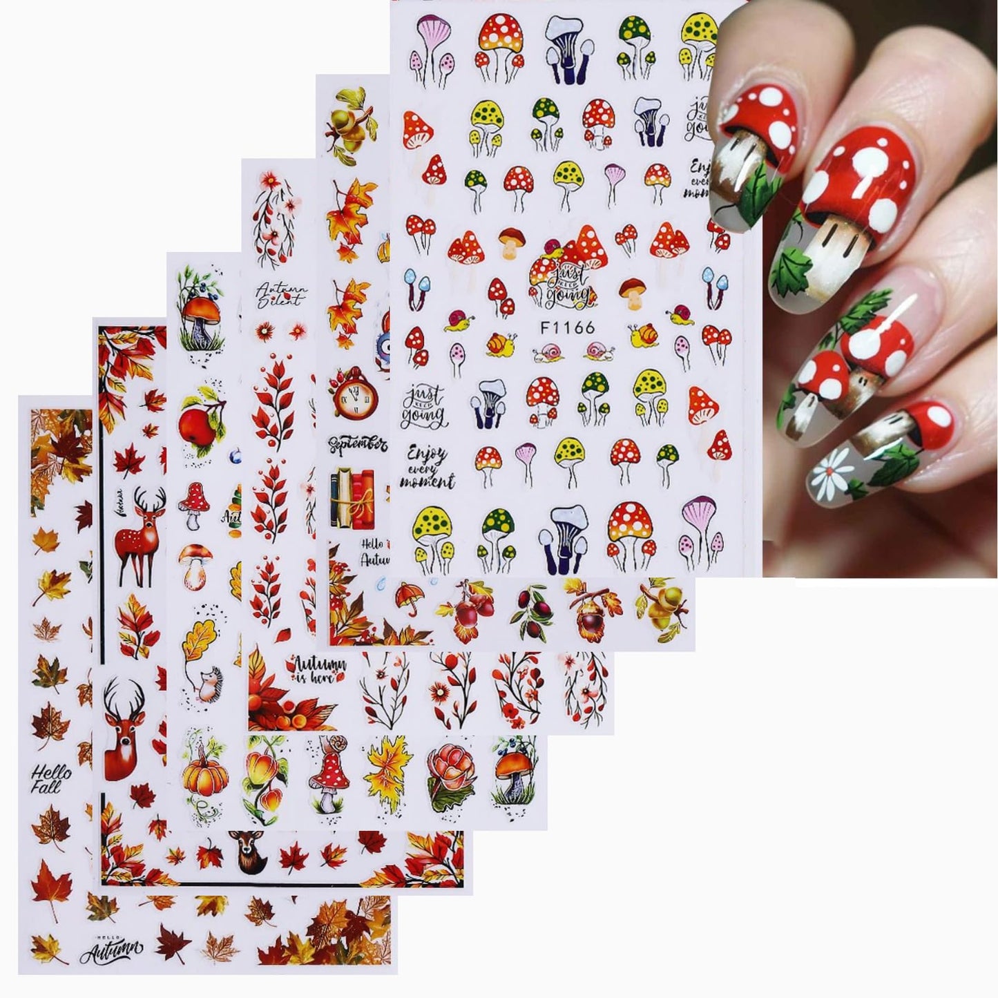 Fall Nail Stickers Mushroom Leaf Nail Art Stickers 3D Self Adhesive Maple Leaves Elk Nail Decals Autumn Thanksgiving Day Nail Art Supplies Orange Yellow Nail Design for Women 6 Sheets