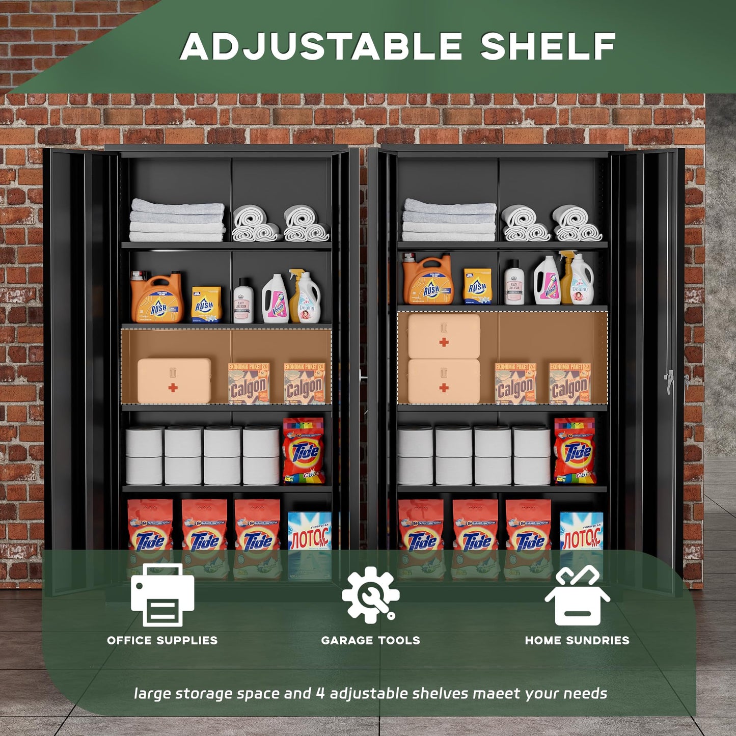 Greenvelly Metal Garage Storage Cabinet, 72” Locking Black Tool Steel Cabinet with Doors and 4 Shelves, Tall Metal Cabinets with Garage Storage Systems for Home Office, Kitchen/Pantry