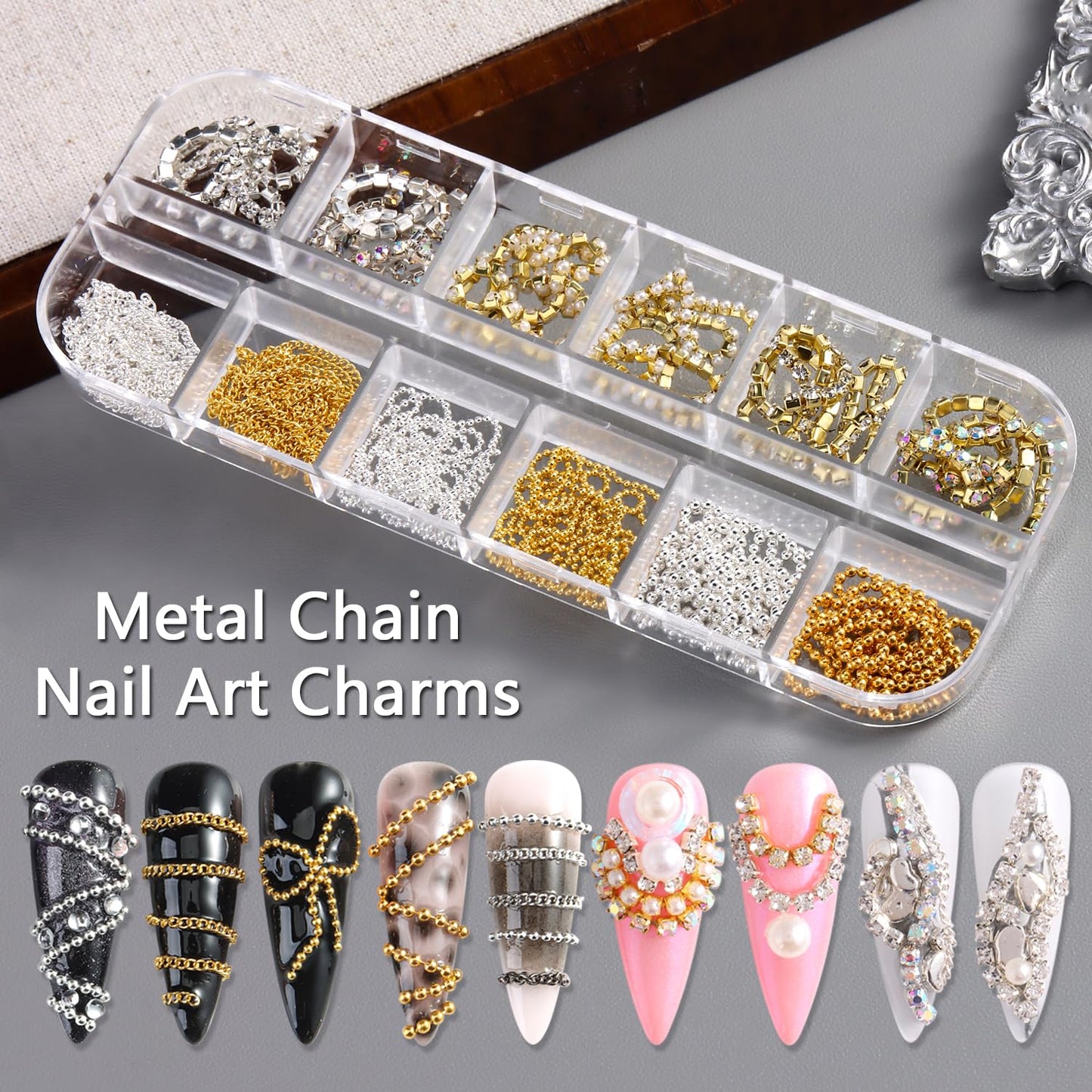 12 Strips Metal Nail Chain Charms, 3D Gold Silver Nail Art Line Accessories, Punk Luxury Pearl Gem Jewelry Chains for Women Girls Manicure Supplies DIY Crafts Decorations