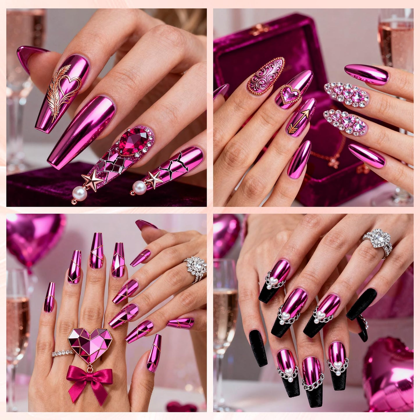 FNNZ Chrome Nail Powder, Metallic Nail Powder Pigment Premium Mirror Effect Salon Nail Art Glitter Dust for Valentines Gel Polish Decoration Home DIY Nail Manicure Supplies - Fuchsia Glimmer