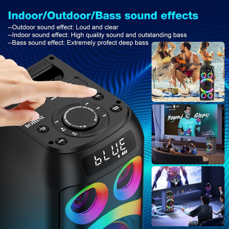 BOHINI Bluetooth Speaker, 160W Peak Powerful Loud Stereo Sound Deep Bass Wireless Boombox Portable Large Party Speakers with Subwoofer TWS Pairing Dynamic LED Light for Outdoor Camping Backyard Events