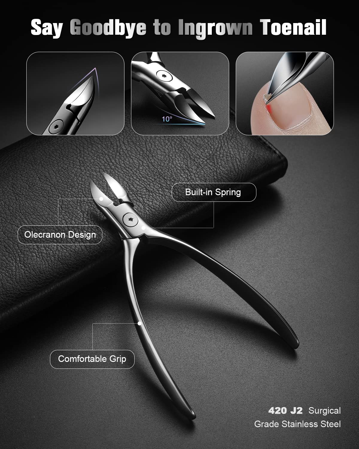 FERYES Pedicure Knife Ingrown Toenail Kit, 7 PCS Professional Pedicure Tool Toenail Grooming Kit, Top Notch Foot Blade, Super Sharp Toenail Clippers (Leather case included)