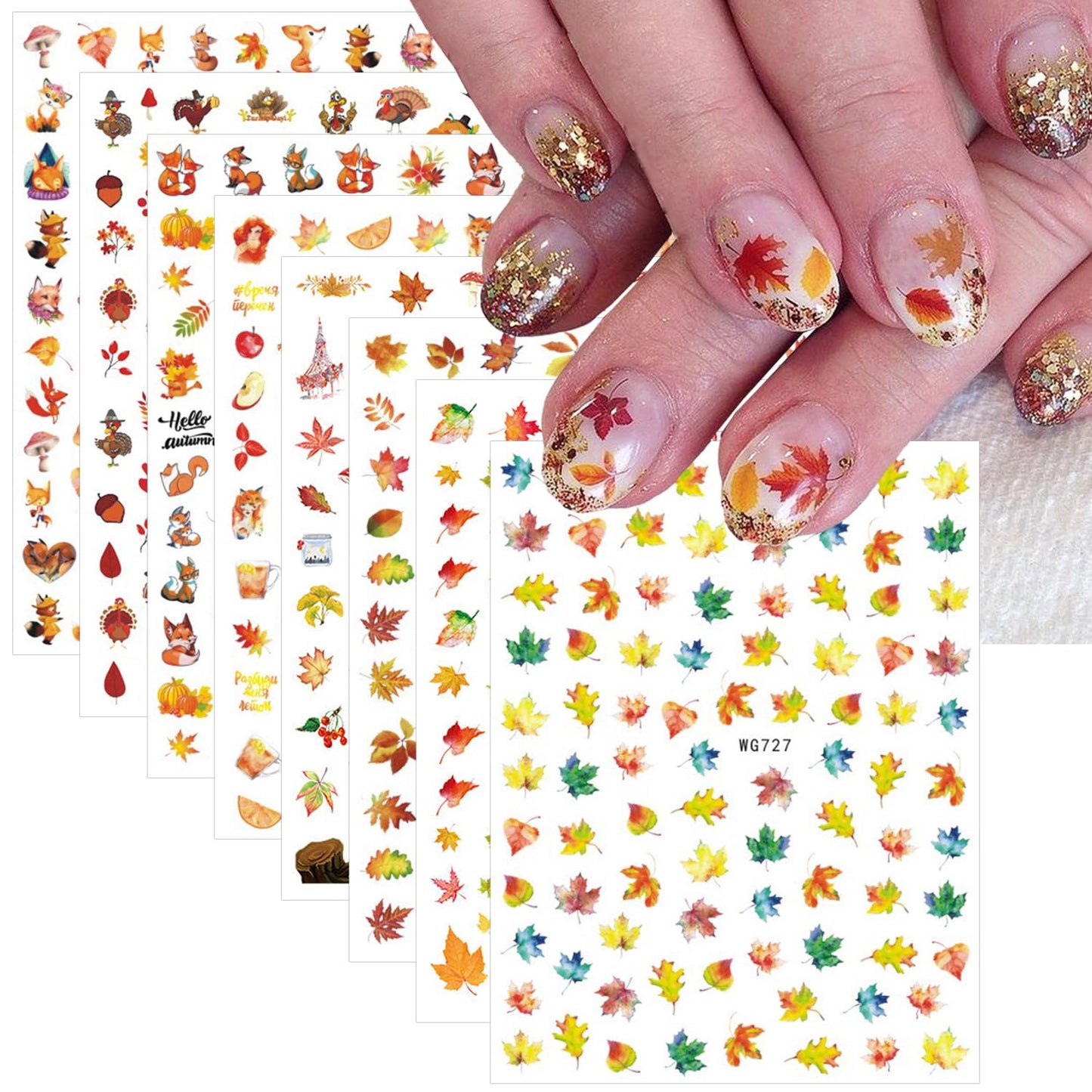 8 Sheets Fall Nail Stickers for Nail Art Autumn Thanksgiving Nail Art Stickers 3D Self-Adhesive Pumpkin Turkey Nail Design Stickers Pegatinas Uñas Maple Leaf Nail Decals for Women Girls DIY Manicure
