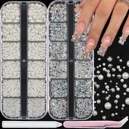 SEMATA Beige Nail Art Pearls Charms Flatback Nail Rhinestones Pearls Mixed Size Nails Gems Transparent AB Nails Rhinestones Art Accessories Decoration Design for Women