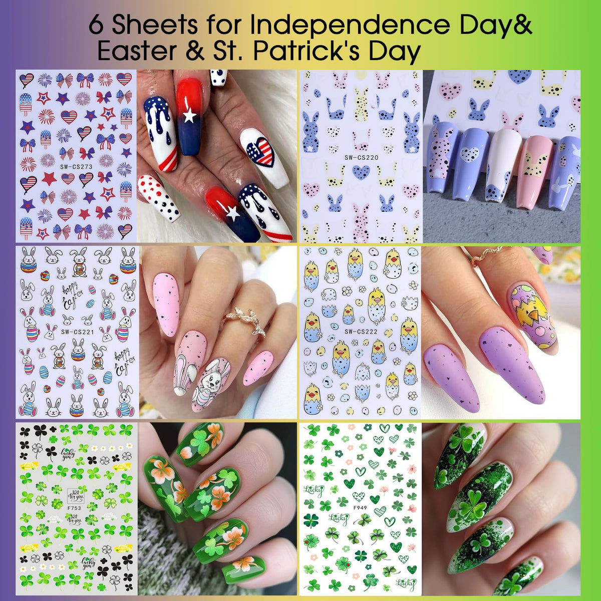 Holiday Nail Art Stickers Decals 30 Sheets 3D Seasonal Stickers for Nails with Tweezers Self-Adhesive Manicure Decoration Nail Supplies for Christmas Valentine Halloween St. Patrick's Day Easter