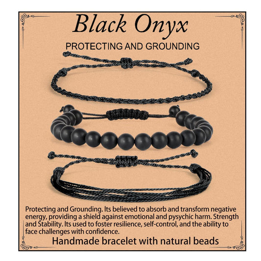 QOGIR Handmade Healing Bracelets, 8mm Matte Black Onyx Bracelet Black Beaded Bracelets for Men Women with 2PCS Size Adjustable Rope Bracelets