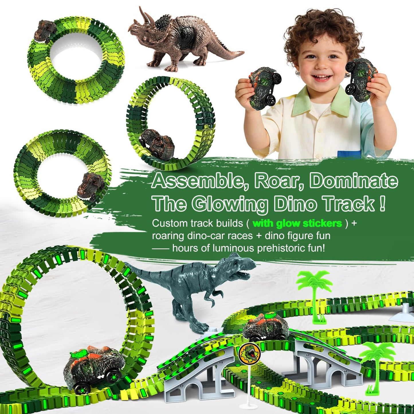 Dinosaur Toys for Kids 3-5, Glow in The Dark Flexible Train Track Playset, 2 Dinosaur Car for 3 4 5 6 7 Year & Up Old Boys & Girls Best Gift