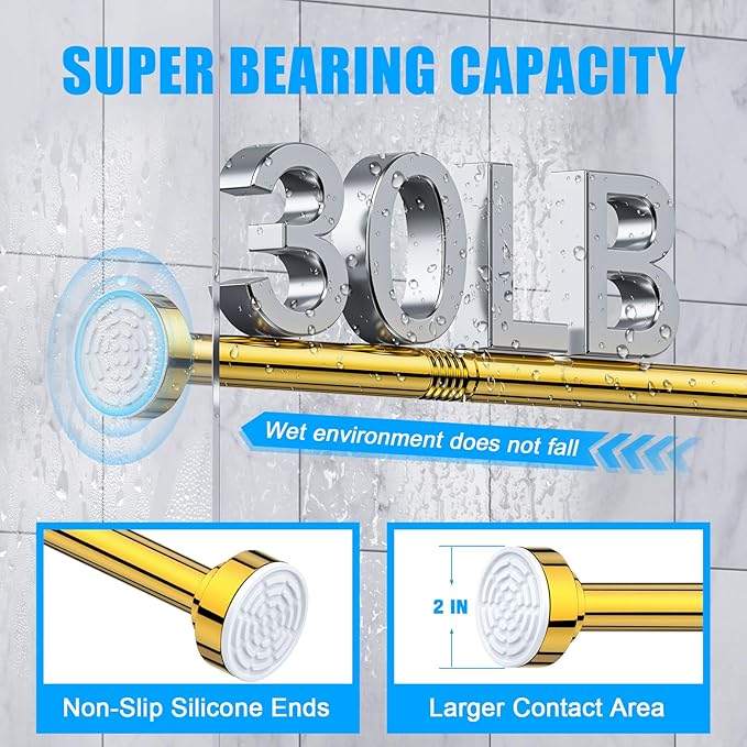 TEECK Shower Curtain Rod, 27-76 inch Adjustable Spring Tension Curtain Rod, Never Rust Anti-Slip Shower Curtain Rod for Bathroom, No Drilling, Never Collapse, Easy to Use, Gold