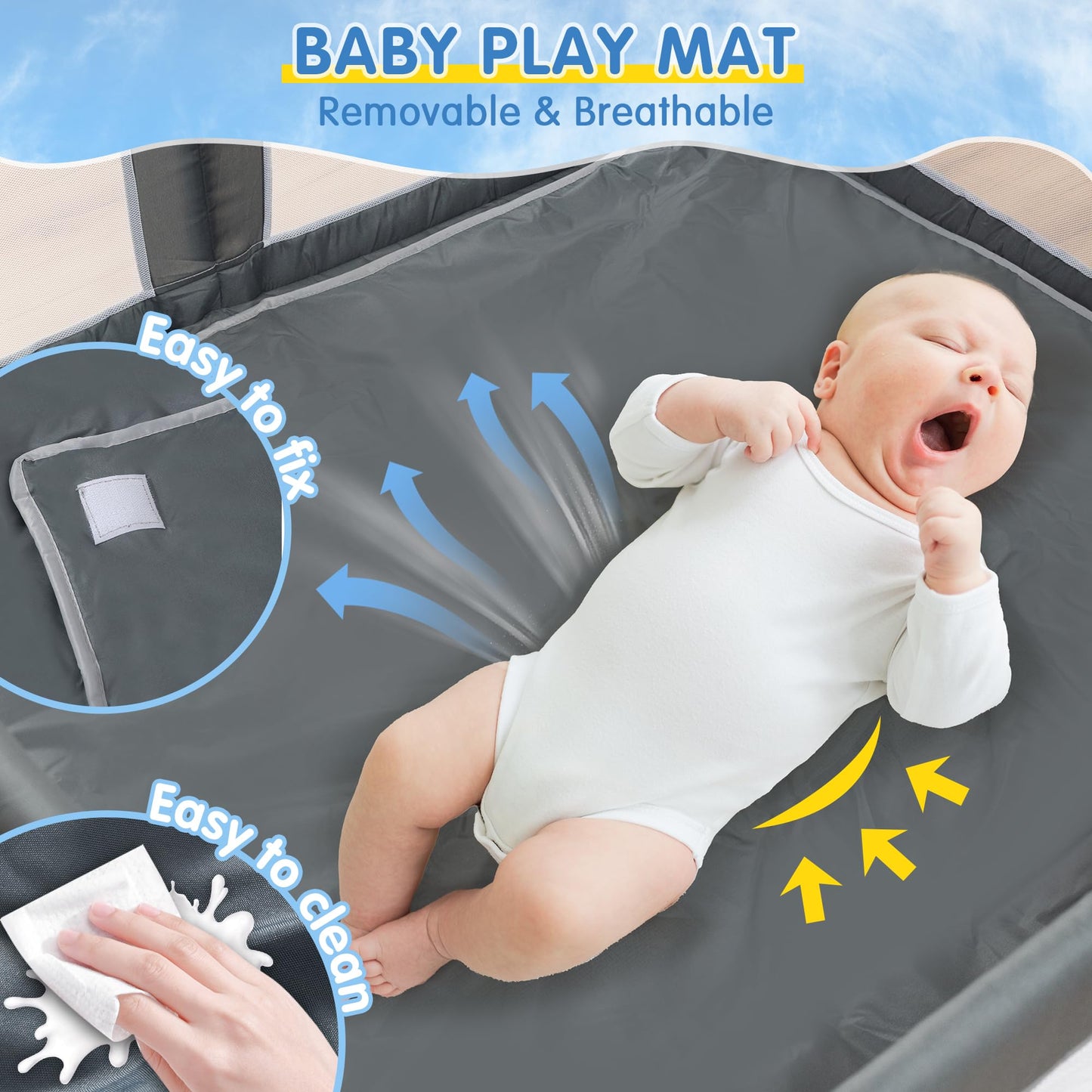 CAPAKIDS Foldable Baby Playpen 59"×71" with Mat, Out-of-The-Box Ready Playpen for Babies and Toddlers, Portable Play Yard with Breathable Mesh & Gates, Storage Bag & 4 Handlers for Indoor & Outdoor