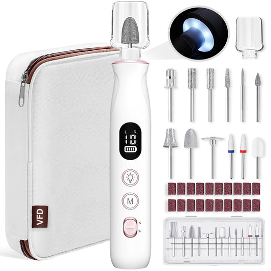 Electric Nail Drill, Cordless 2000 mAh Rechargeable Portable Nail File 12 in 1 Kit for Thick Toenails, 10 Speeds Nail Dril Machine Professional Manicure Pedicure for Hand Natural Nails Care (White)