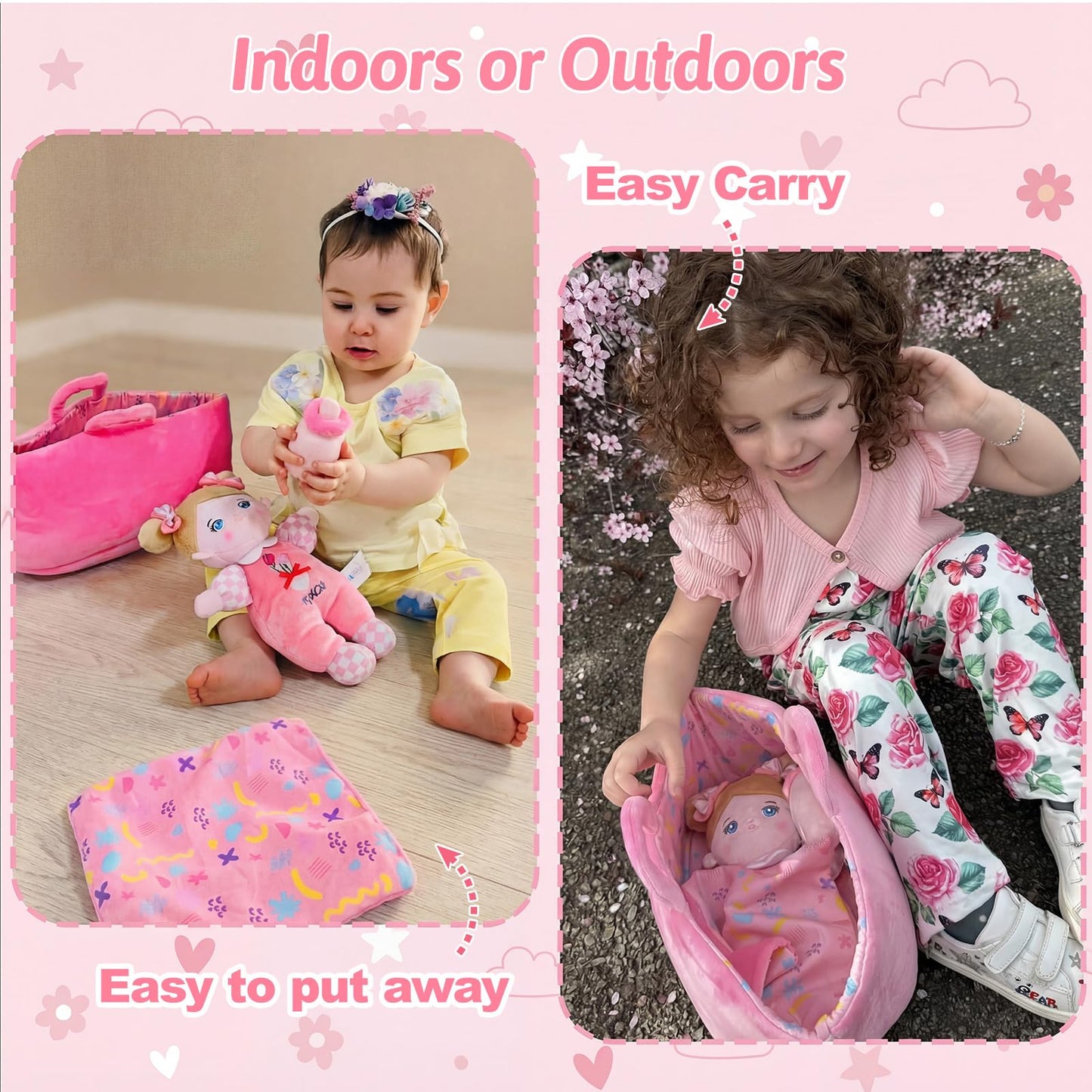 OUOZZZ Baby Doll Accessories with Soft Doll, Bassinet, Blanket and Bottle, Interactive Pretend Playset for Social Emotional Learning, Toy for 2 Year Old Girls