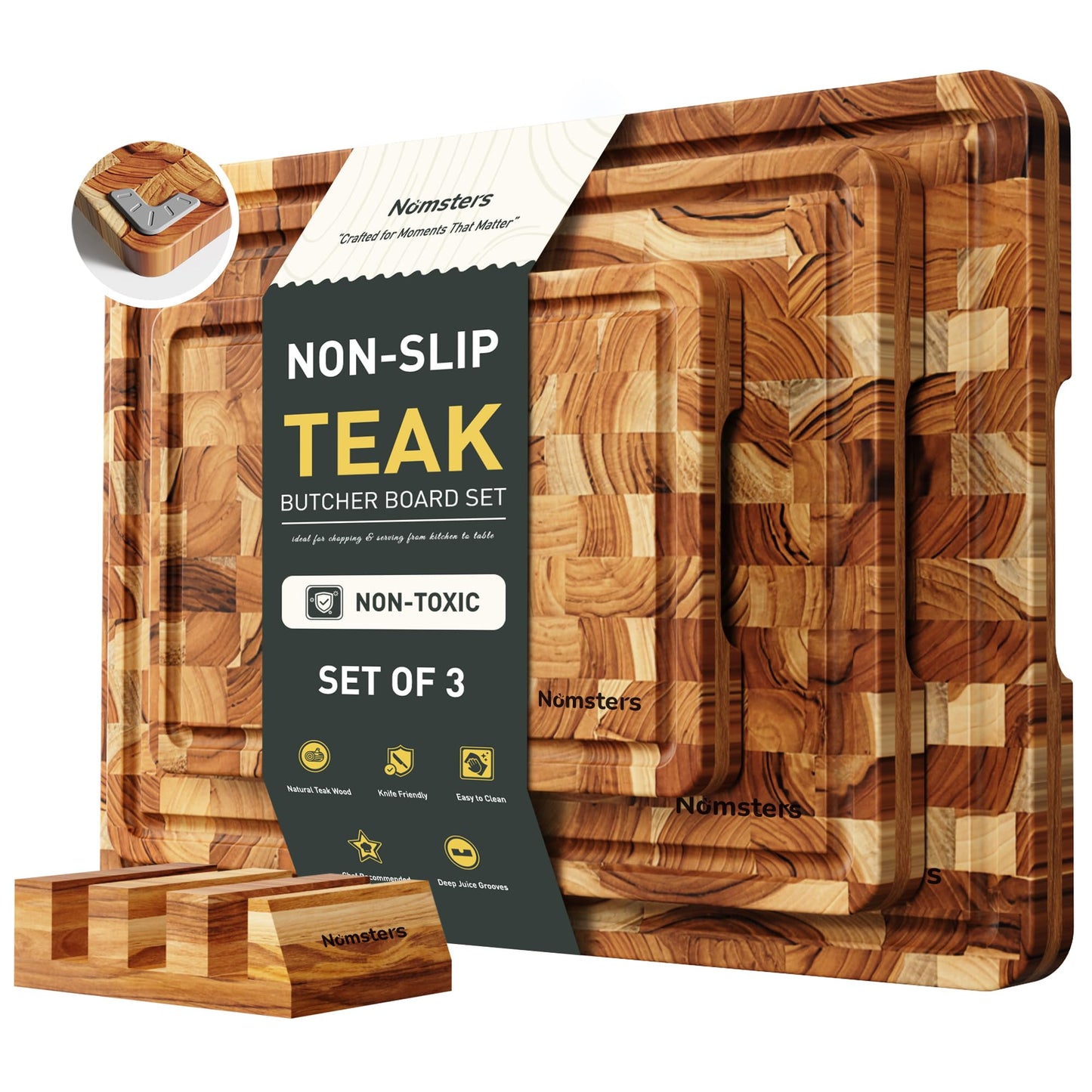 Teak Wood End Grain Cutting Board Set of 3 with Non-slip Feet, Reversible Cutting Boards for Kitchen with Juice Grooves and Handles Non Toxic Chopping Board Butcher Block Serving Tray Kitchen Sets