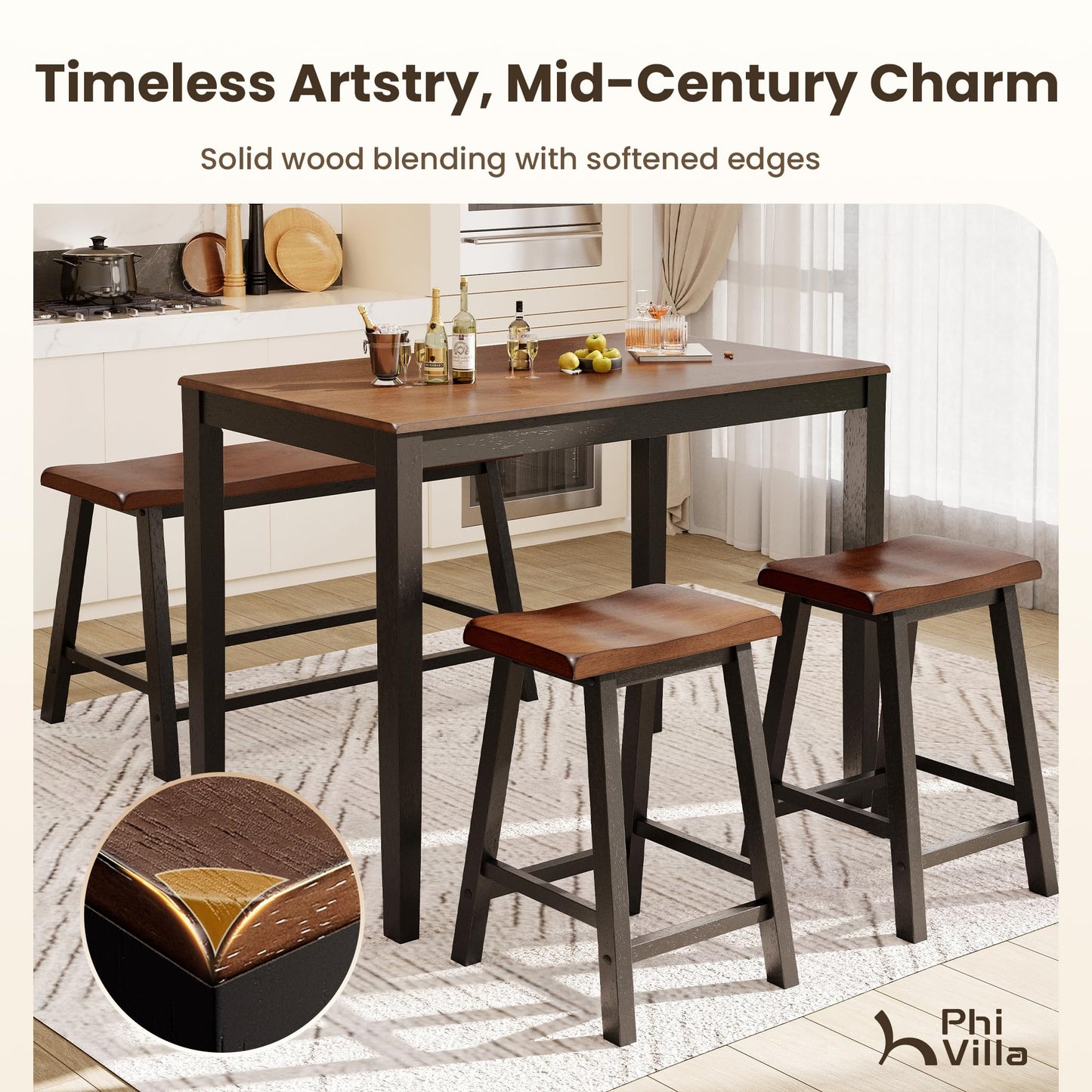 PHI VILLA Counter Height Table and Chairs, Solid Wood Dining Table Set for 4, High Top Kitchen Table Chairs Set of 4, Farmhouse Kitchen Table Set with Bench and Chairs, Walnut with Black