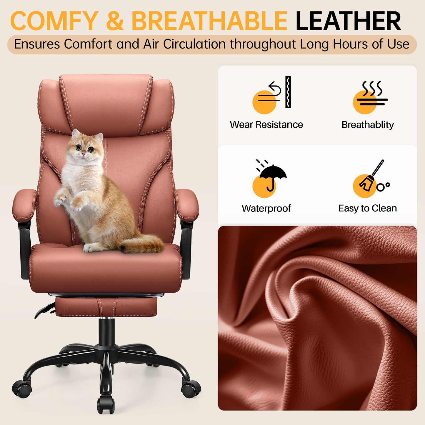 HeroSet Office Chair, Executive Big and Tall Leather Desk Chairs with Footrest, Ergonomic Breathable Computer Chair with Adjustable High Back, Lumbar Support Swivel PC Chairs with Rocking Function