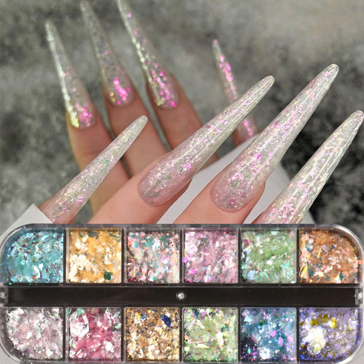 Holographic Aurora Opal Nail Flakes,12 Colors Iridescent Mermaid Nail Powder Gradient Ice Slag Nail Sequins Spring Summer for Gel Polish, Acrylic Nails, DIY Manicure & Resin Craft Supplies