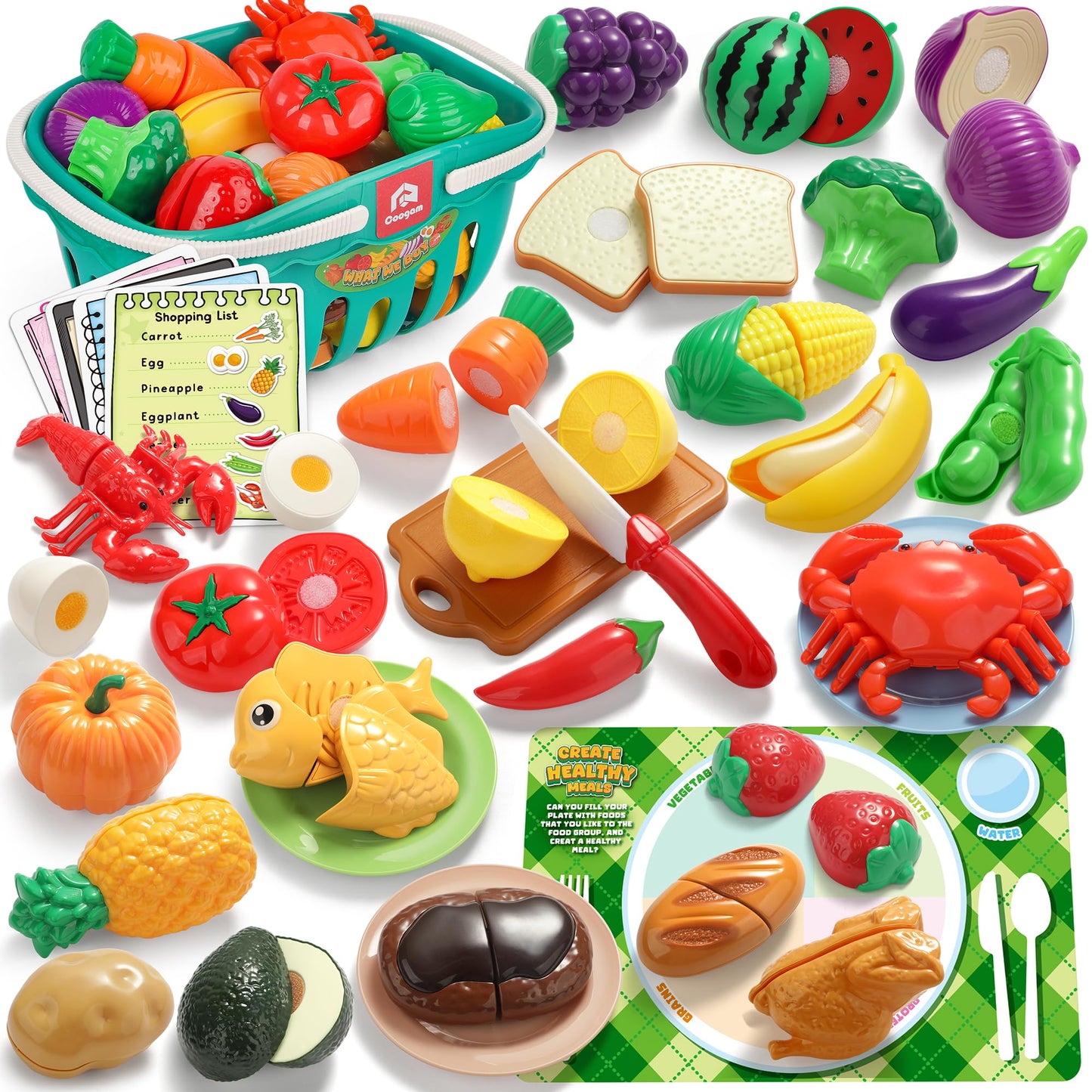 Coogam Pretend Play Food Kitchen Accessories for Kids, Fake Fruits Meats Vegetables Cutting Food with Shopping Storage Basket for Preschool Activities, Daycare Educational Toy for 3 4 5 Years old Kids